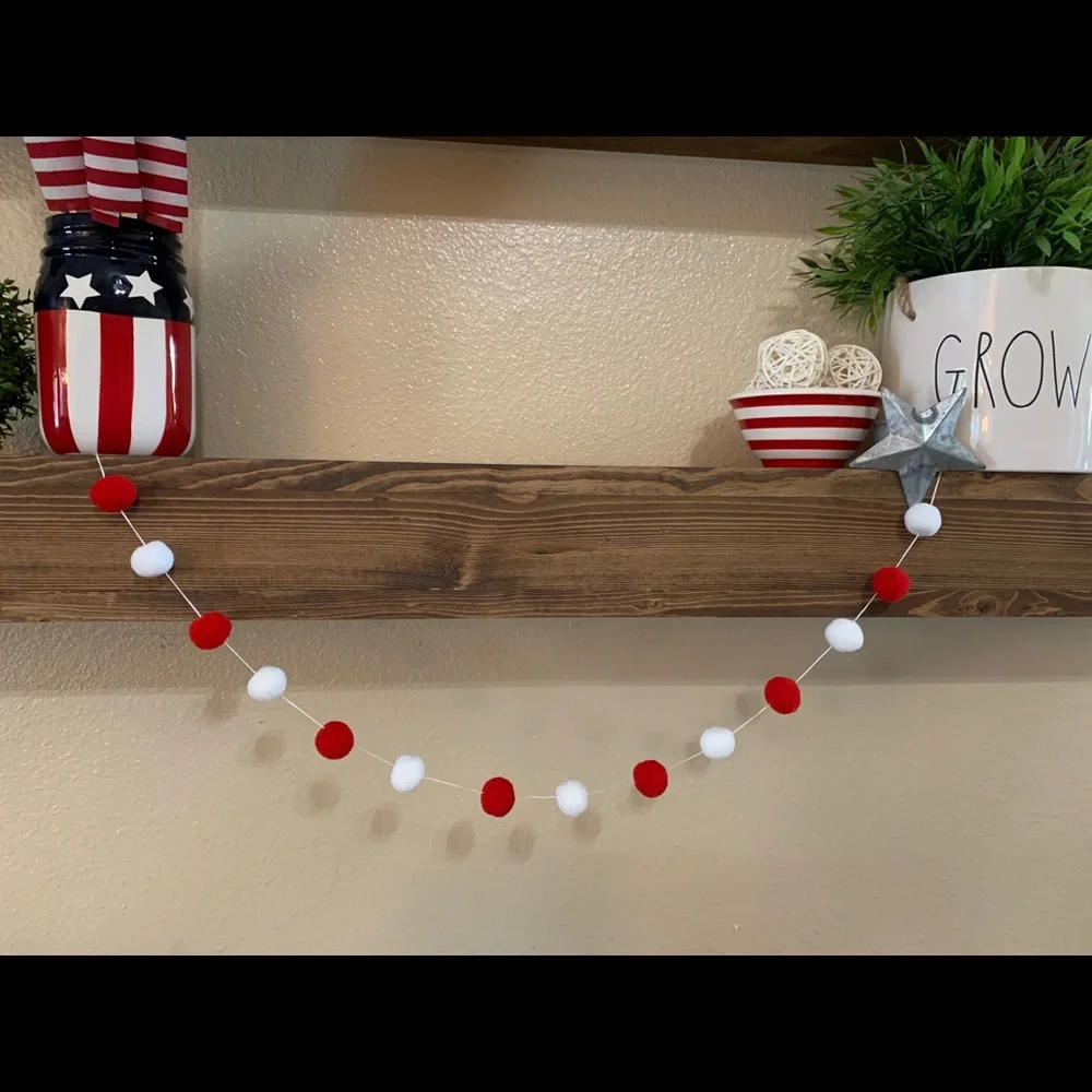 Red White felt/wool Pom Pom garland banner